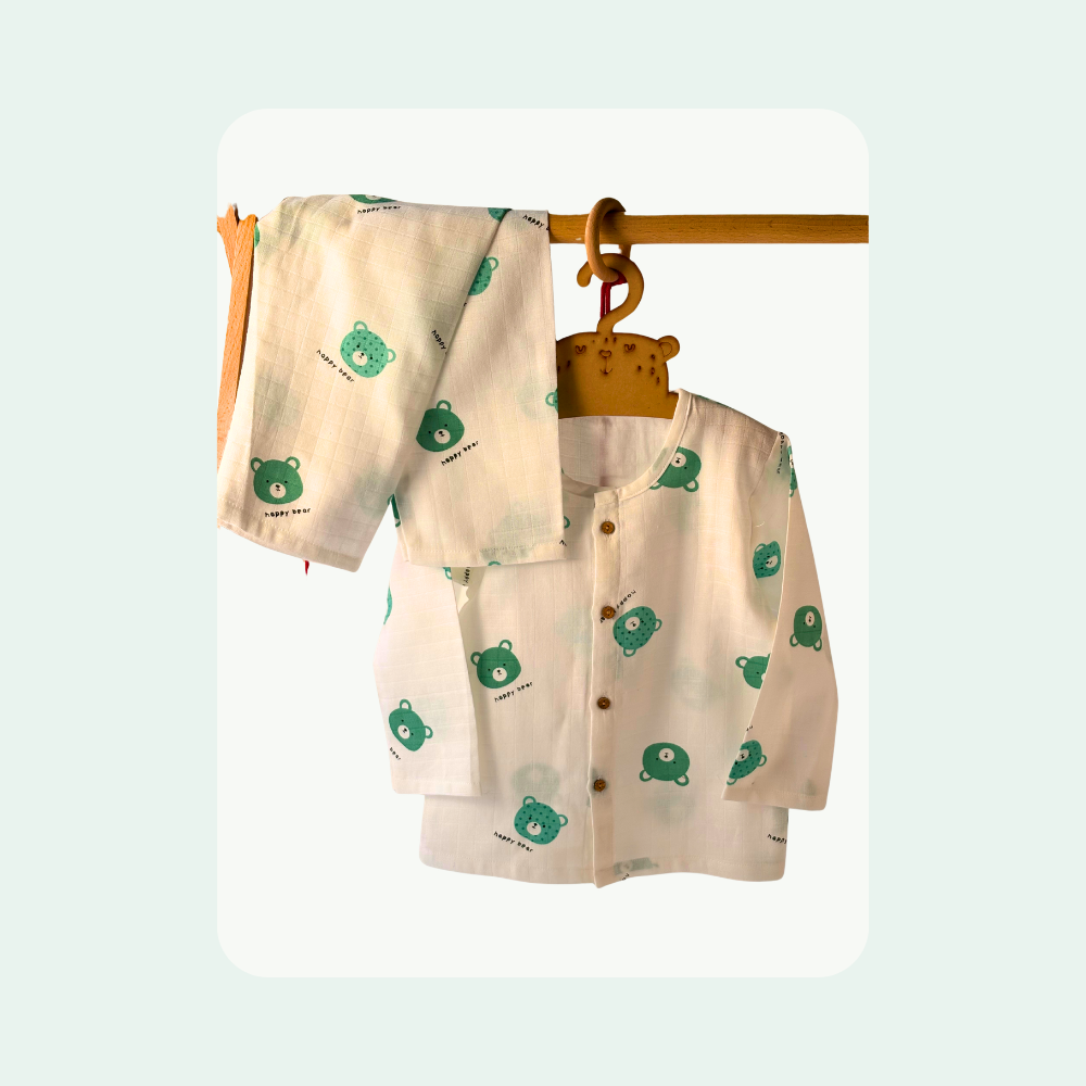 Green Bear Muslin Co ord Set