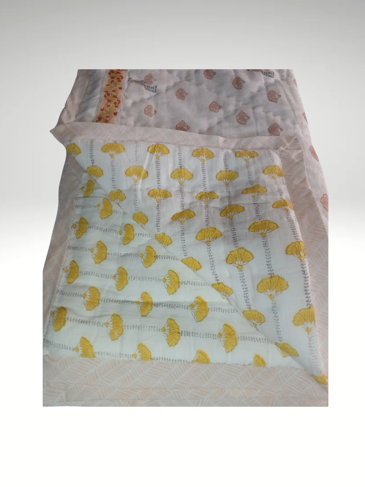 cream and yellow block print Quilt set