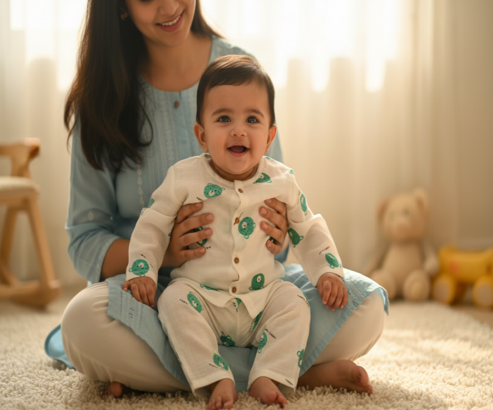 Green Bear Muslin Co ord Set