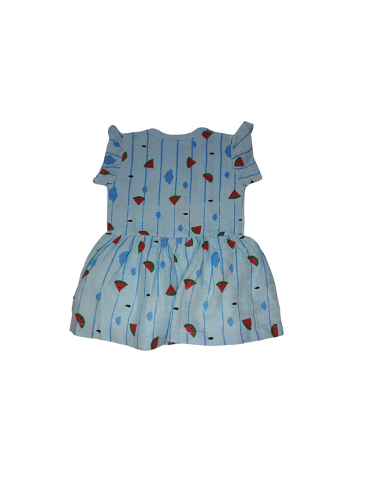 Blue Watermelon Muslin Frock With Lining