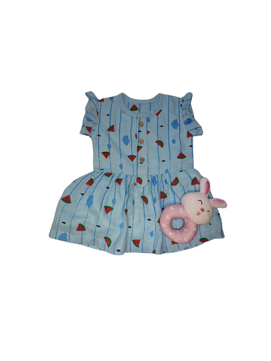 Blue Watermelon Muslin Frock With Lining