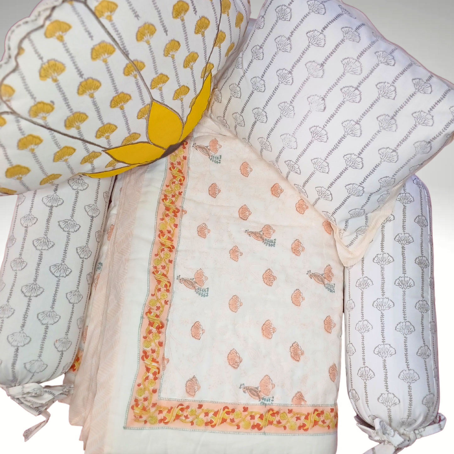 cream and yellow block print Quilt set