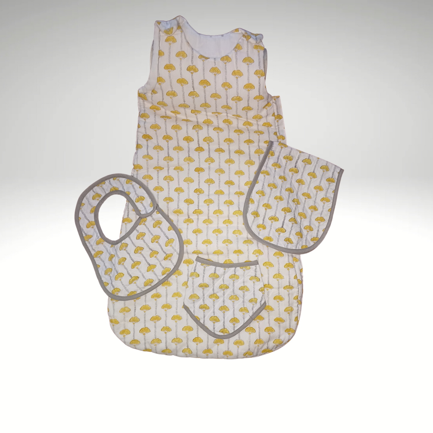 cream and yellow block print Quilt set