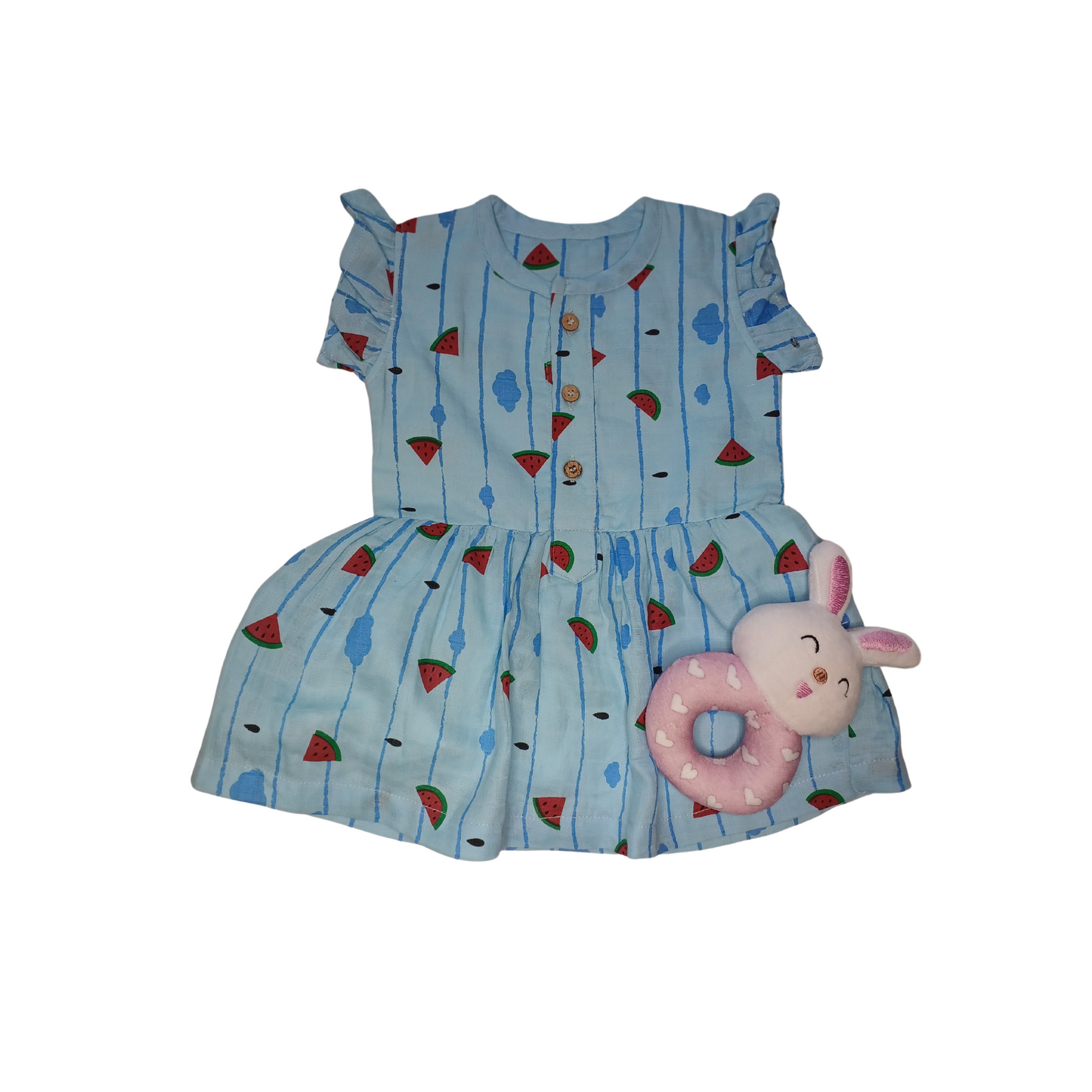 Blue Watermelon Muslin Frock With Lining