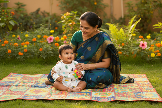A sleeveless white muslin baby shirt with a pattern of yellow cars, trees, and animals.