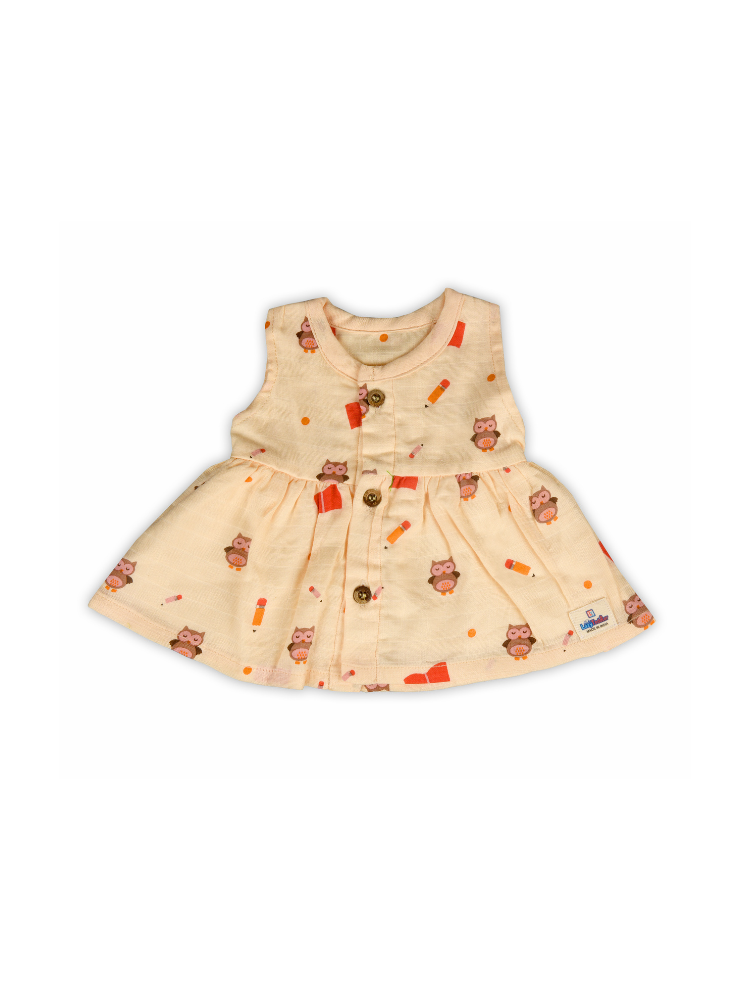 Peach Owl Preemie Baby Muslin Frocks