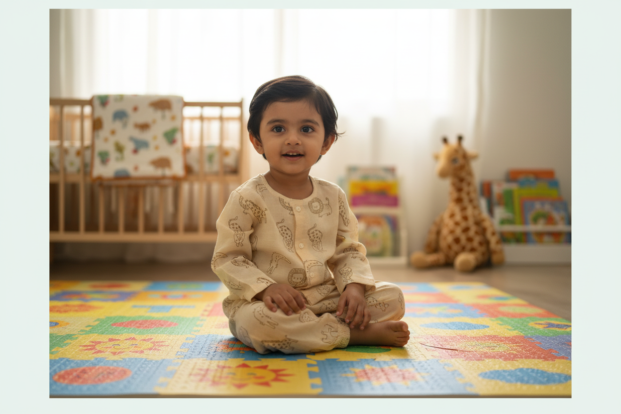 “Premium muslin fabric baby nightwear with minimal animal design”