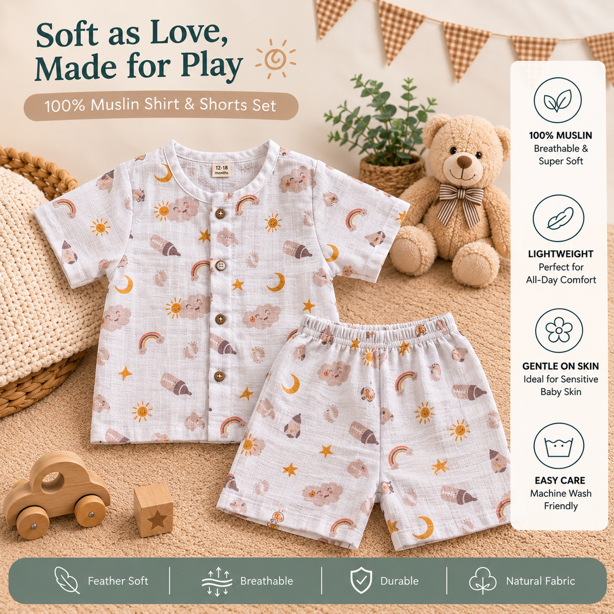 Beige Cloud Shirt and Shorts Set